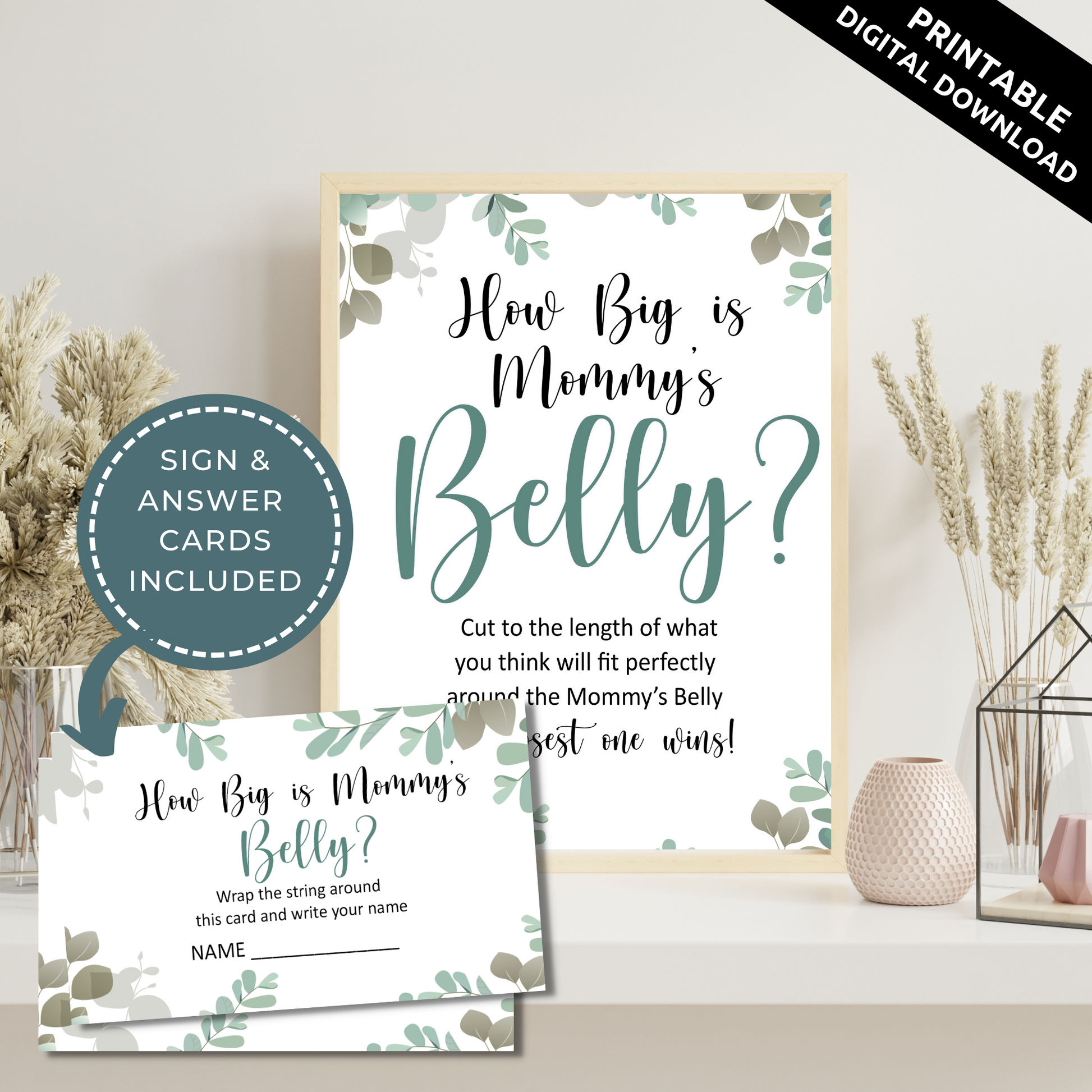 How Big is Mommy's Belly Baby Shower Game Sign and Cards - Greenery