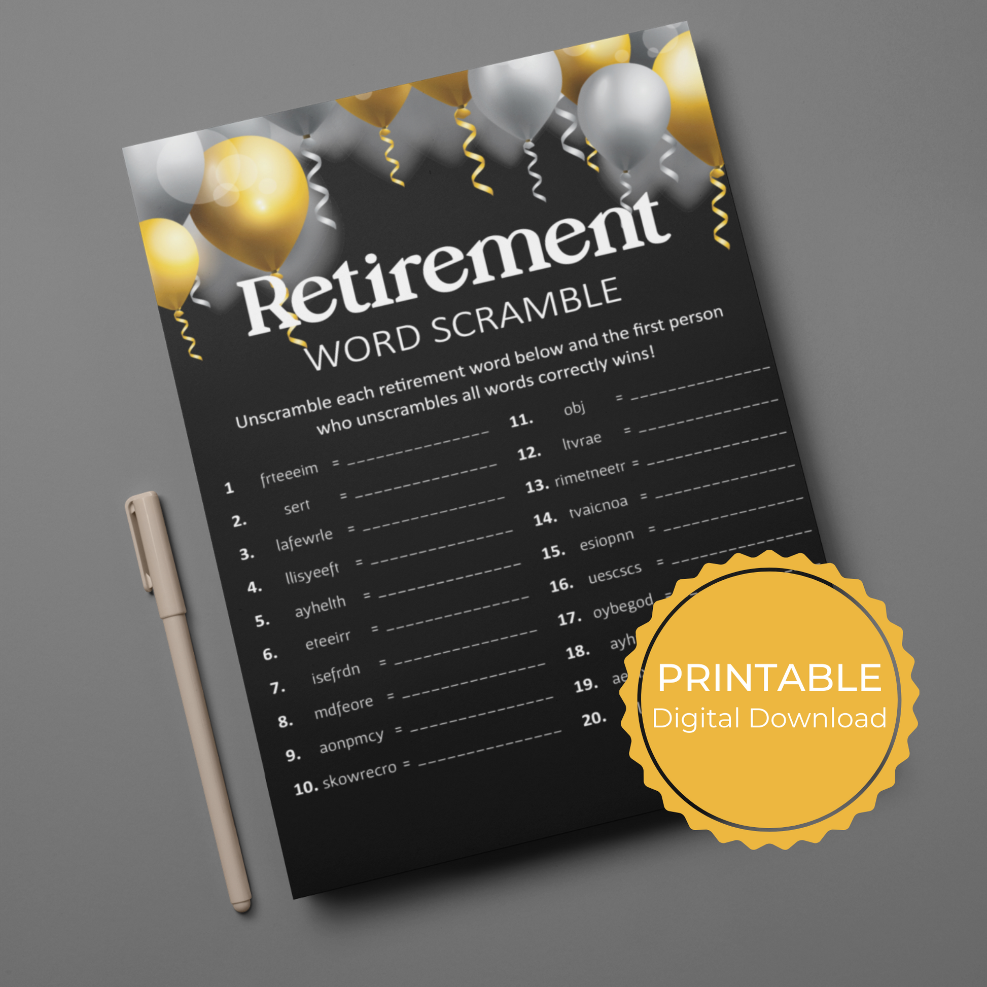 Retirement Word Scramble Printable - Black and Gold
