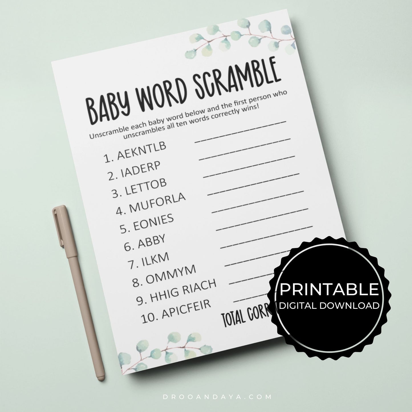 Baby Word Scramble Printable Game Eucalyptus Theme - Droo & Aya