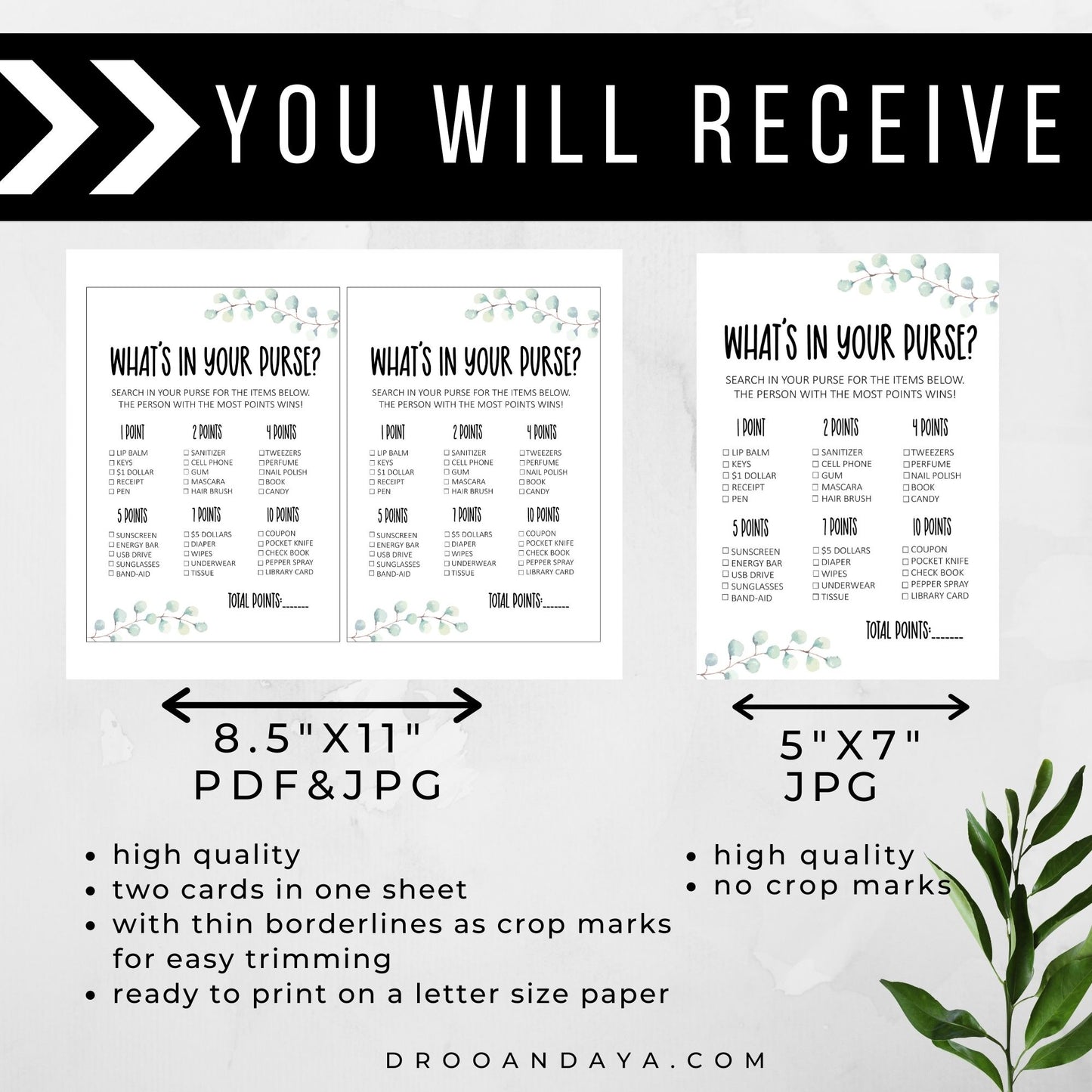 What's In Your Purse Printable Baby Shower Game Eucalyptus Theme - Droo & Aya
