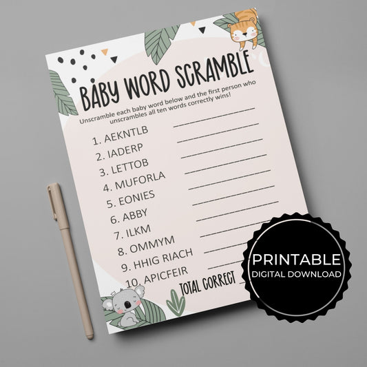 Scramble Baby Shower Game Printable - Animal Jungle - Droo & Aya