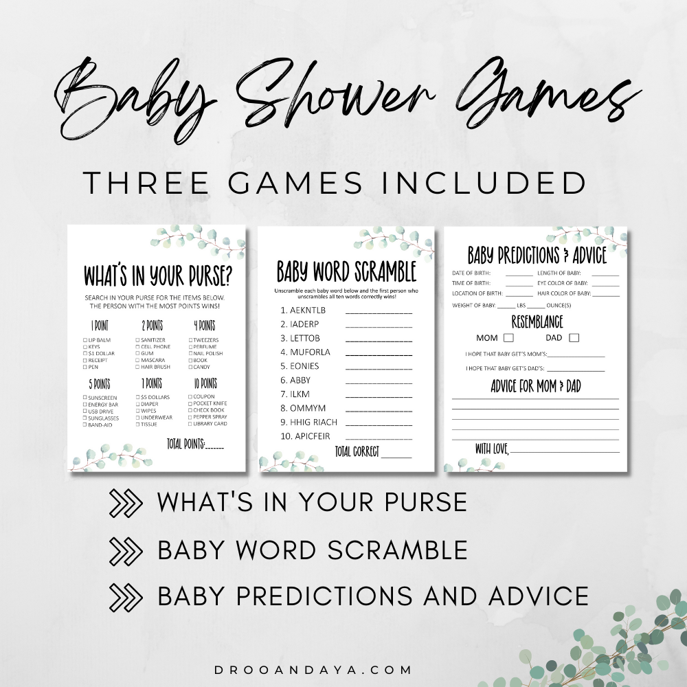 Baby Shower Printable Games Bundle Eucalyptus Theme - Droo & Aya