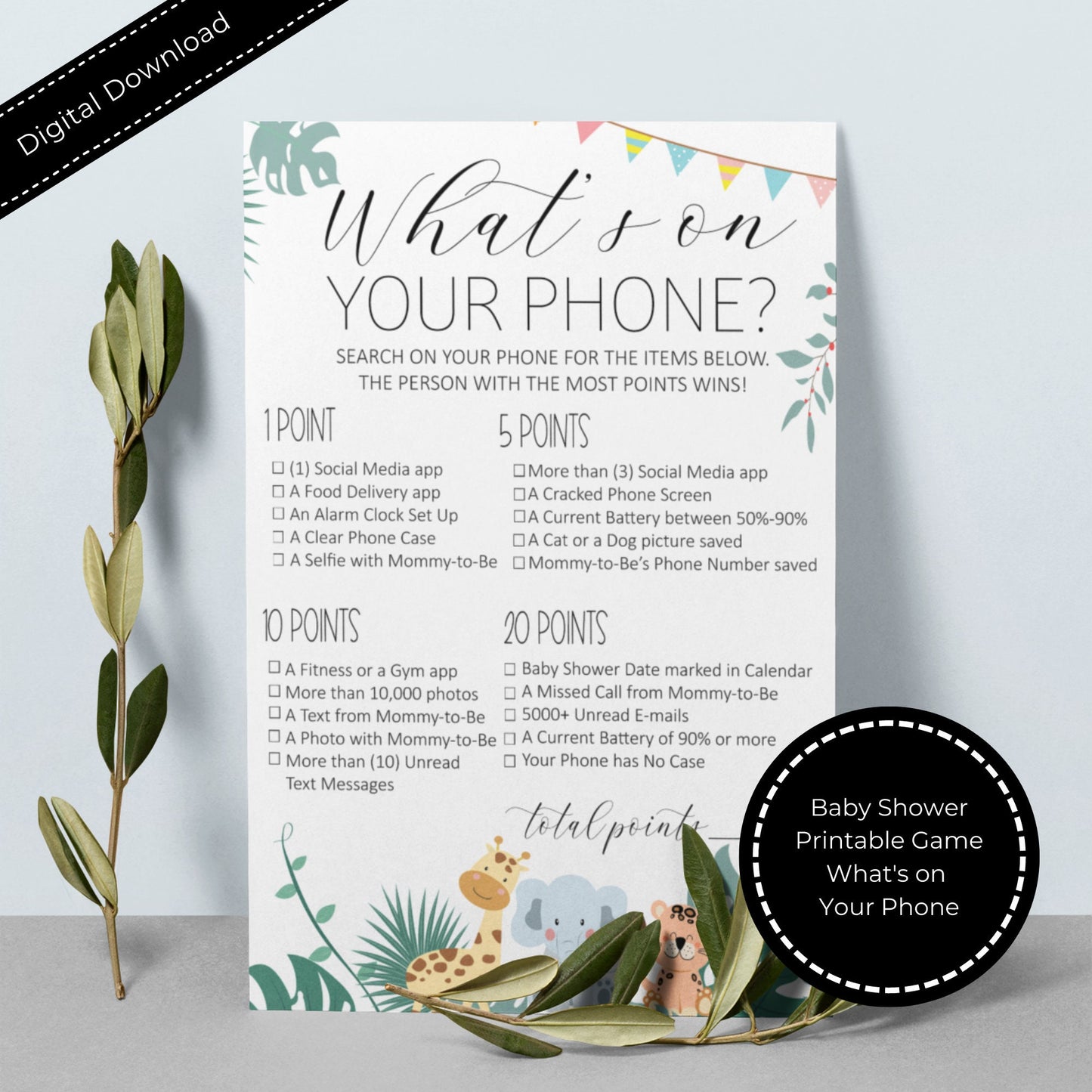 Safari Theme What's On Your Phone Baby Shower Games, Baby Shower Activity, Cell Phone Game, Phone Baby Shower Game, Girl Baby Shower