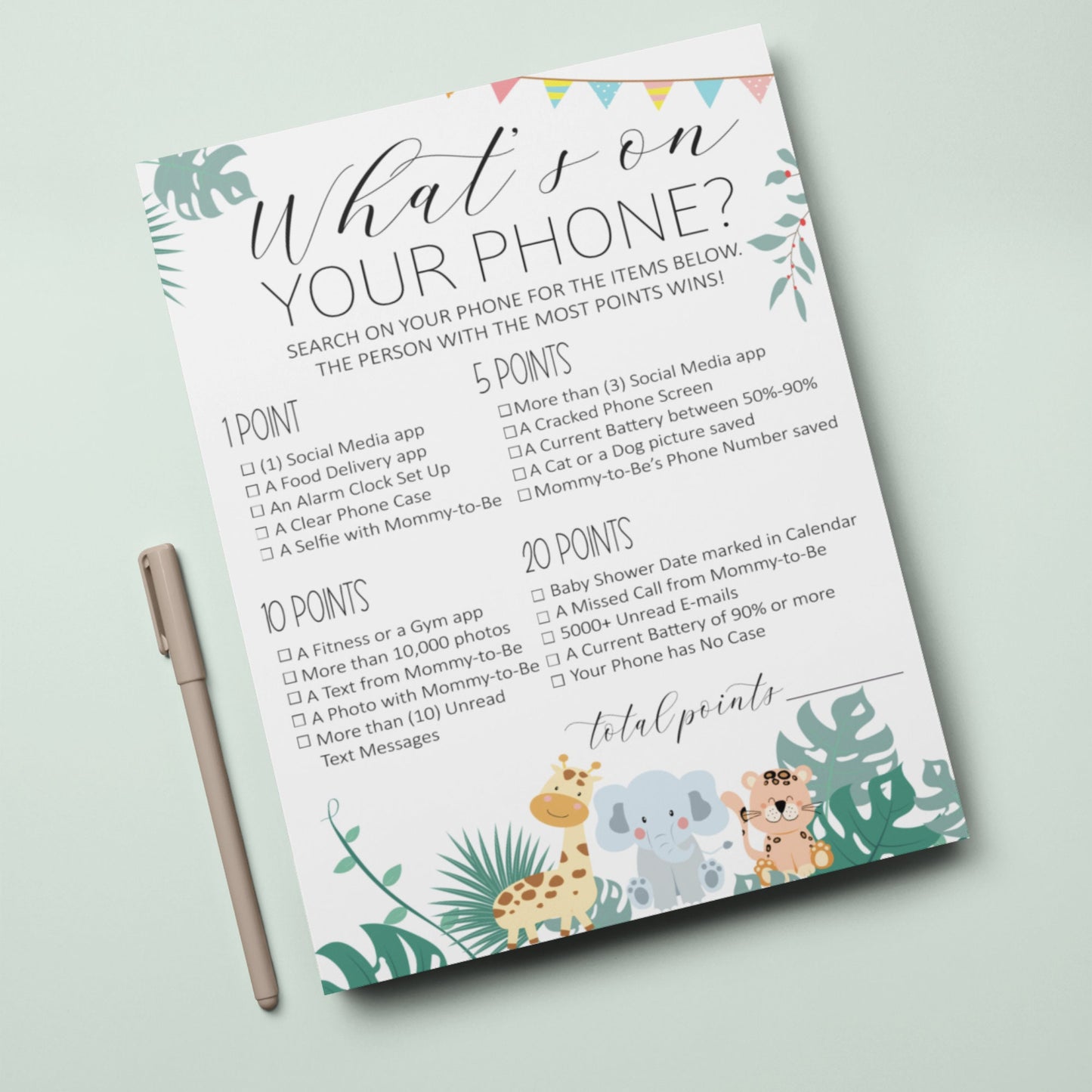 Safari Theme What's On Your Phone Baby Shower Games, Baby Shower Activity, Cell Phone Game, Phone Baby Shower Game, Girl Baby Shower