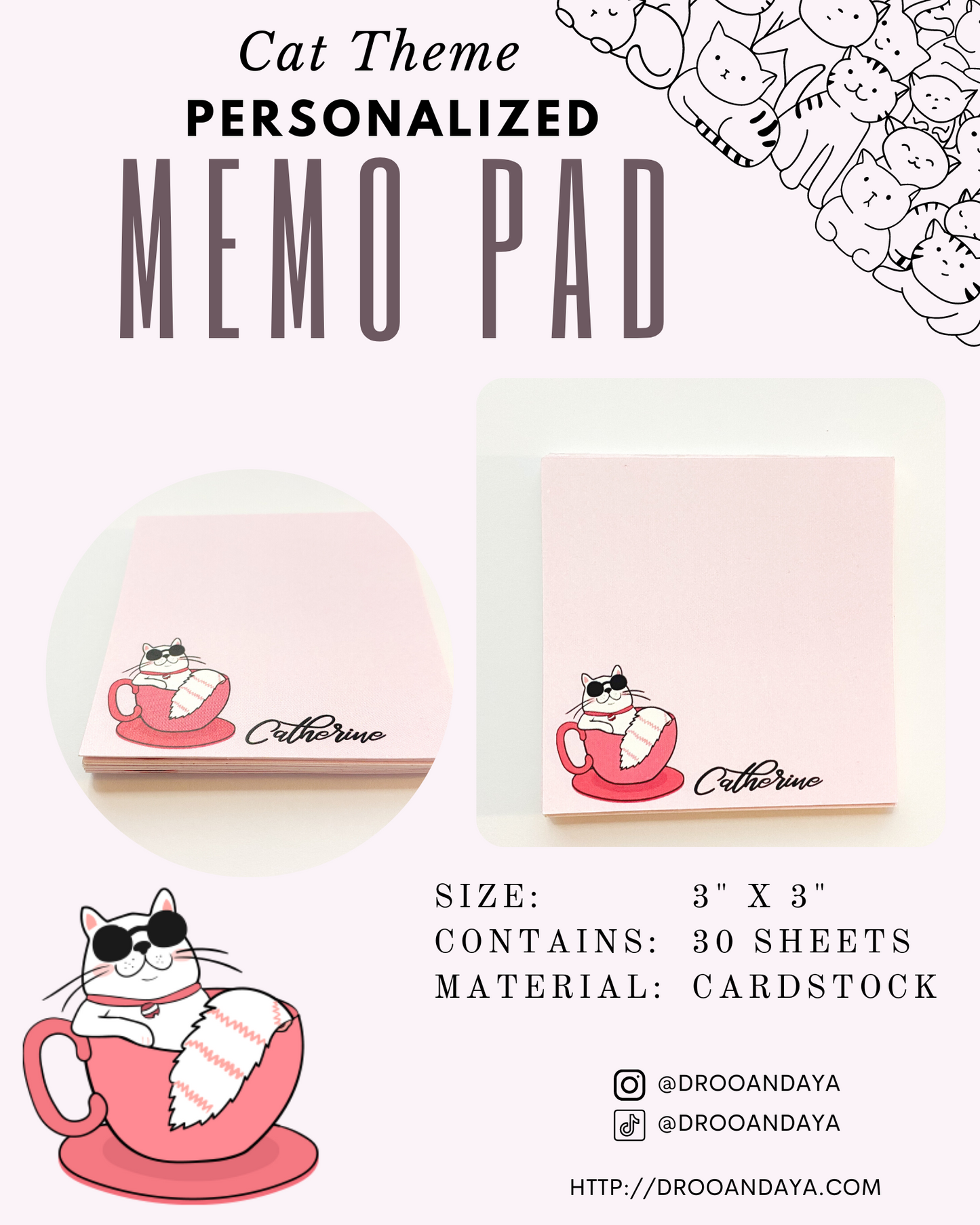 Cat Theme Personalized Memo Pad Note Pad - Droo & Aya