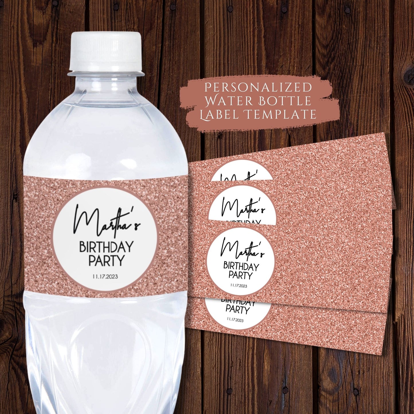 Rose Gold Birthday Water Bottle Wrapper Template