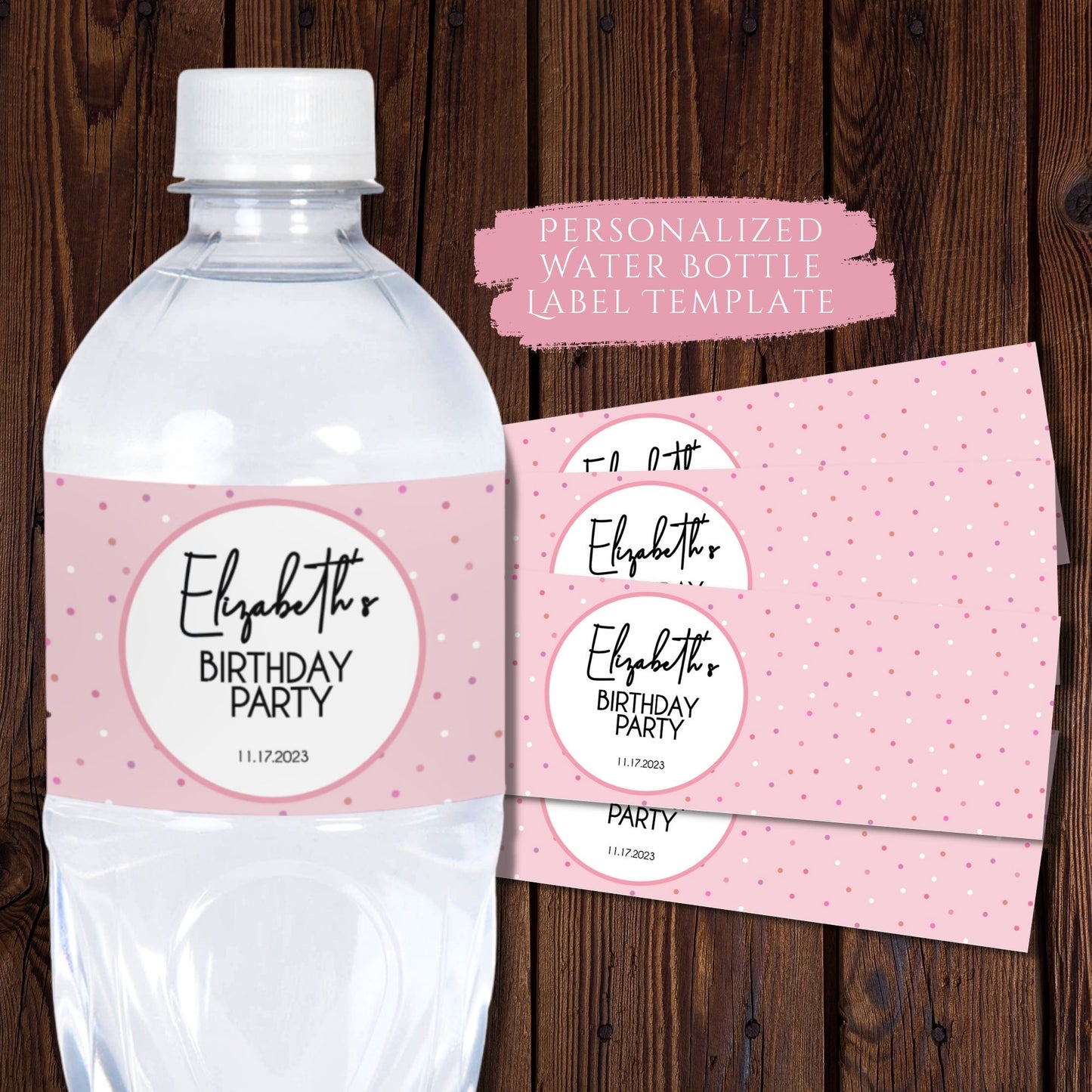Customizable Pink Birthday Water Bottle Wrapper Template